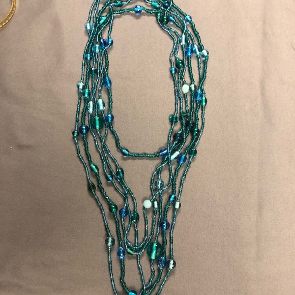Jewelry - Elegant Multi-Strand 3 Strand Blue and Green Glass Beaded Necklace